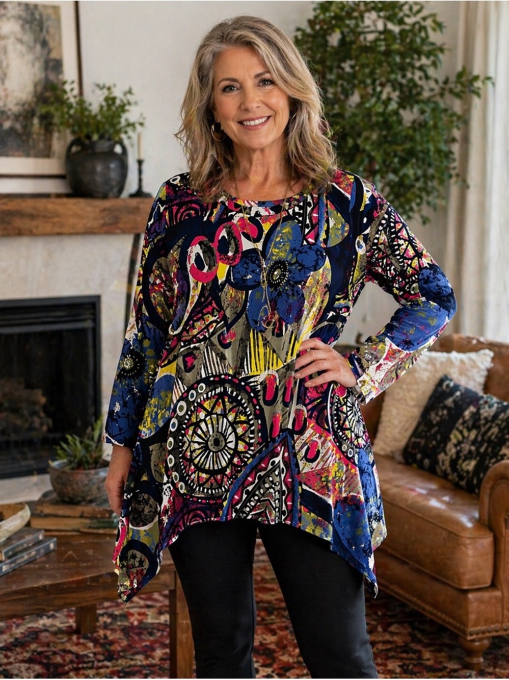 Honeyme Curvy XXL Abstract Tunic Top Asymmetrical Hem Boho Art Print Made USA